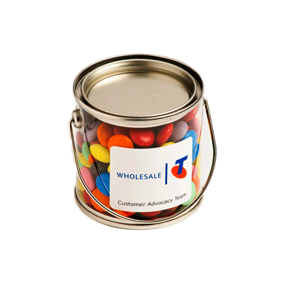 Small PVC Bucket Filled with Choc Beans - 170g in bucket/ Mixed & Corp Colour Choc Beans (Full Color Sticker)