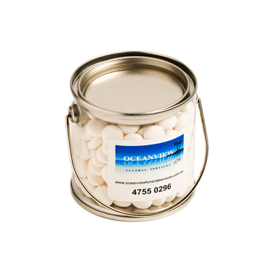Small PVC Bucket Filled with Mints 170g (Full Color Sticker)