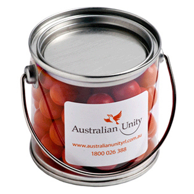 Small PVC Bucket filled with Orange Choc Drops - 160g (Full Colour Sticker)