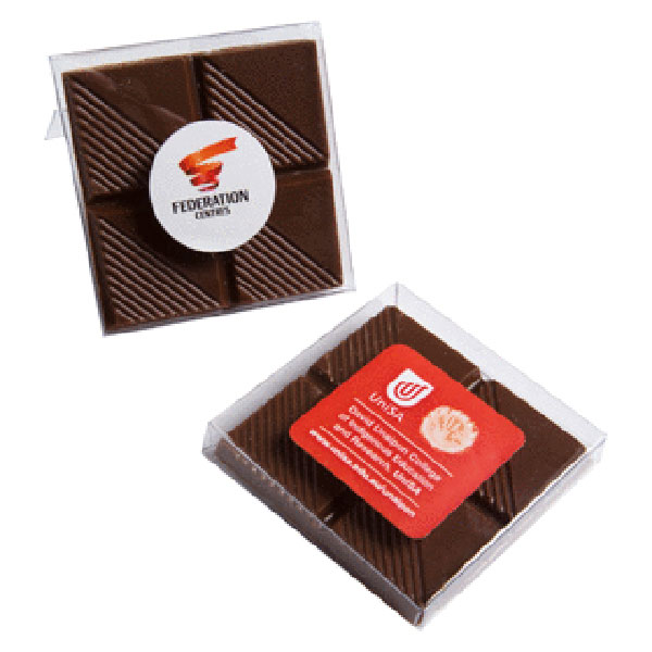 CC009G - Chocolate Square in PVC Stand Up Box  (Full Color Sticker)
