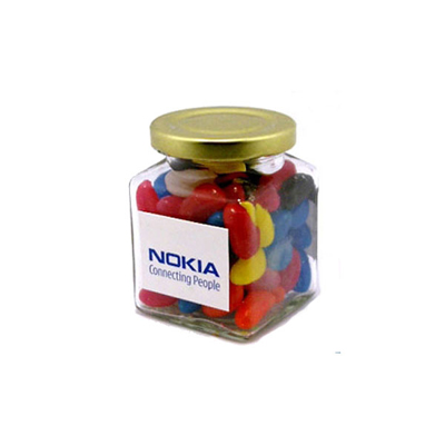 Jelly Beans In Glass Square Jar 170G (Mixed Colours Or Corporate Colours) (Full Colour Sticker)