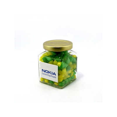 CC022D2 - Corporate Coloured Humbugs In Glass Square Jar 140G (Full Colour Sticker)