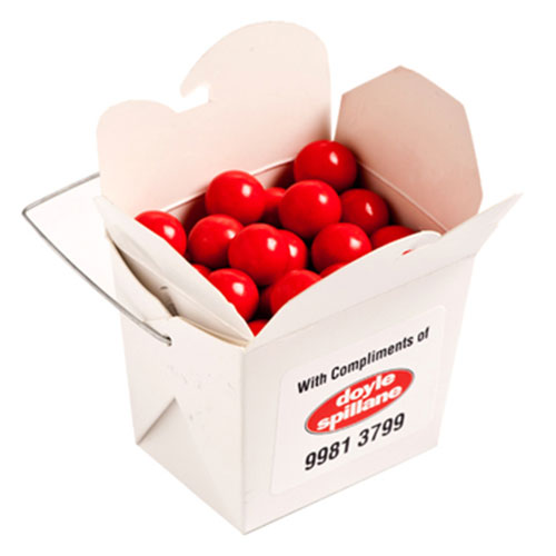 White Cardboard Noodle Box with Orange Choc Drops (Full Colour Sticker)