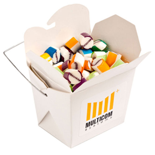 CC042G - White Cardboard Noodle Box filled with Personalised Rock Candy 100g (Full Colour Sticker)