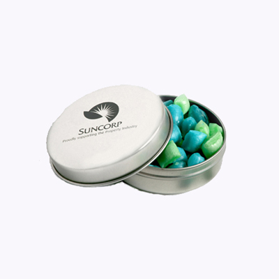 Candle Tin Filled With Corporate Coloured Tiny Humbugs 50G (One Colour Pad Print)