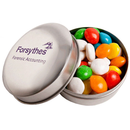 Candle Tin Filled With Chewy Fruits (Skittle Look Alike) 50G (One Colour Pad Print)