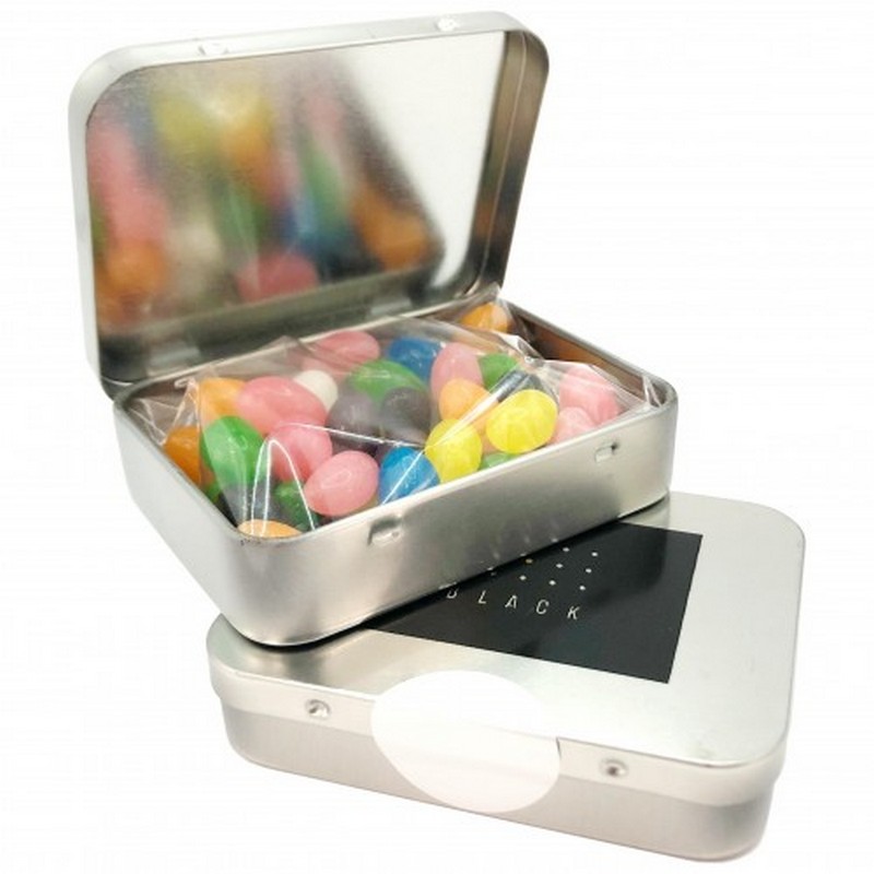 Rectangle Hinge Tin filled with Jelly Beans 50g (One Colour Pad Print)