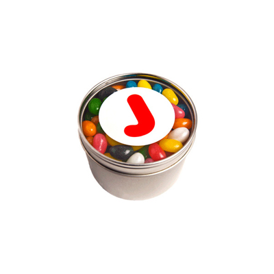 Small Round Window Tin with Jelly Beans (Corp Coloured) 150g (Full Colour Sticker)