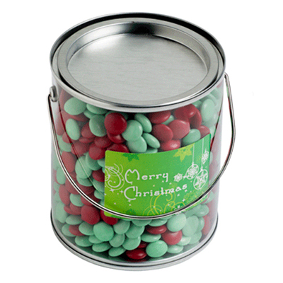 Big PVC Bucket filled with Christmas Choc Beans  (Full Colour Sticker)