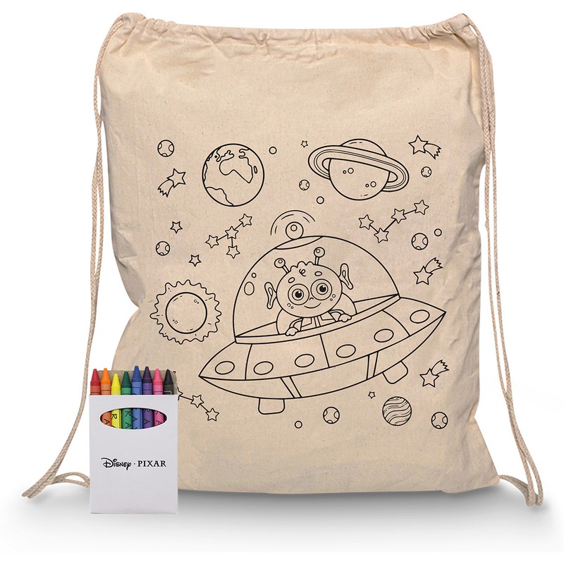 RB1020S - Squiggle Calico Drawstring Bag + Crayon set